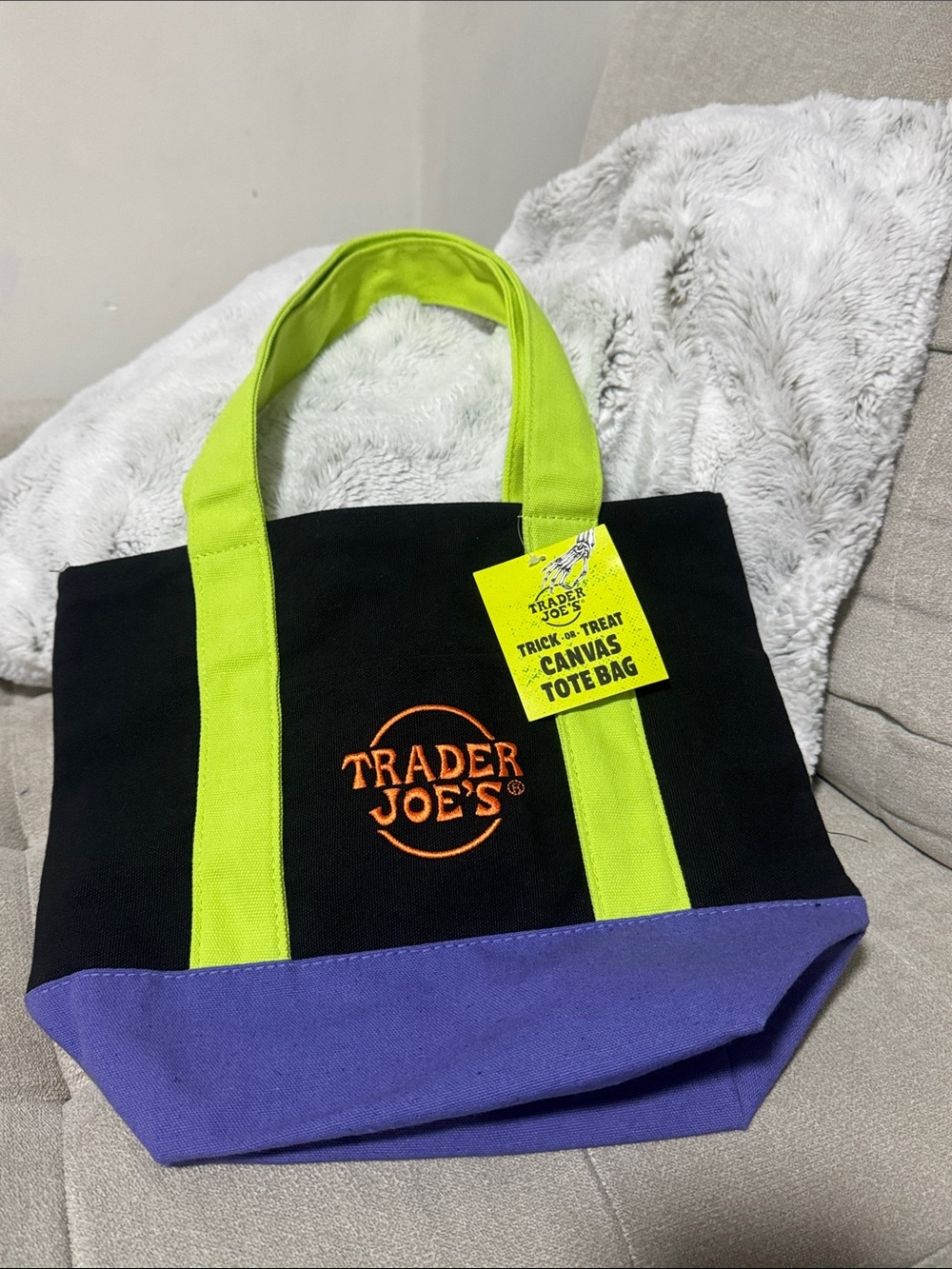 Black Canvas Tote Bag with Lime Handles and Purple Base